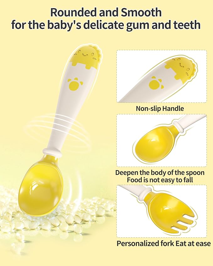 Deejoy Toddler Utensils with Travel Safe Case, Silicone Baby Spoons and Fork Set for Self Feeding, Toddlers Feeding Training Spoon, Easy Grip Heat-Resistant, Bendable Function (2 Sets, Yellow+Blue)