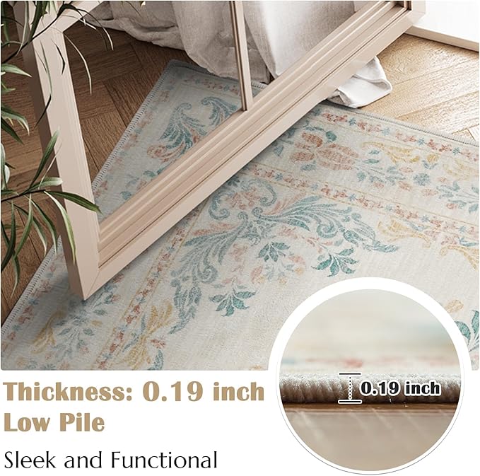 jinchan Vintage Floral Runner Rug 2x5 - Machine Washable Distressed Design Non-Slip Low-Pile Soft Thin Carpet for Hallway Kitchen Farmhouse Bedroom Entryway Laundry Room (2x5ft,Apricot Multi)