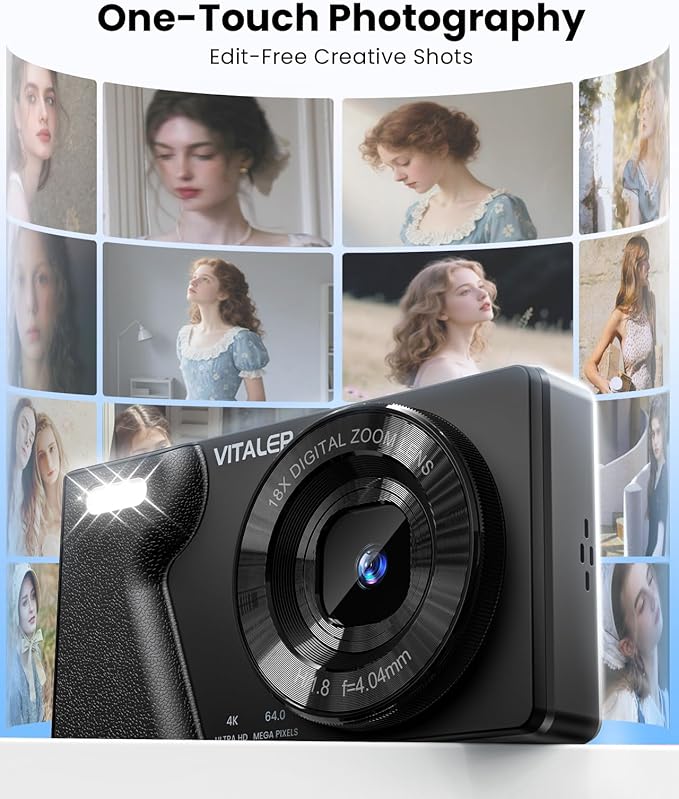 Digital Camera with Front Rear Lens, Autofocus 64MP 4K Camera for Photography with 32GB Card, Portable Compact Point and Shoot Camera for Teens Adult Beginner with Metal Shell, 2000mAh Battery