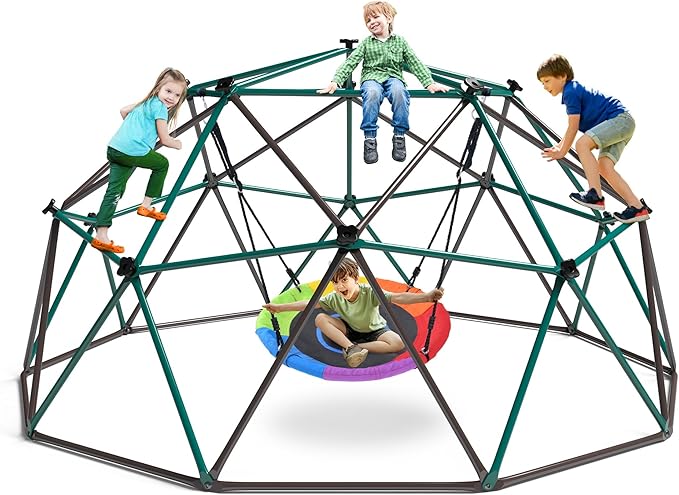 Hapfan 10 ft Climbing Dome Swing Set with Saucer Swing, Jungle Gym for Kids Outdoor Backyard, Supports 800lbs, Easy Asssembly, Rust-Resistant Outdoor Playset for Ages 3-8 8-12 (Green and Brown)