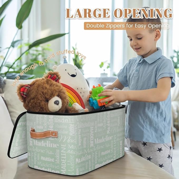 Custom Storage Basket with Name, Personalized Storage Bins with Zipper Lid, Foldable Fabric Storage Box Large capacity with Handle Green