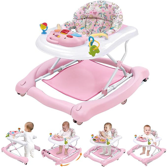 Foldable Baby 5-in-1 Activity Walker - Rocker, Activity Center, Bouncer, Seat Walker, Push Walker - Adjustable Speed Rear Wheels and Height Toys Ages 6-18 Months… (Pink)