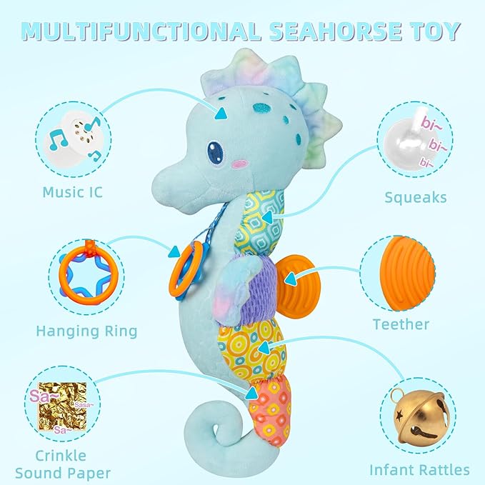 Baby Toys 0-6 Months,Infant Musical Seahorse Stuffed Animals Sensory Toys with Bright Colors,Multiple Textures,Rattles & Crinkle Sound Paper,Soft Tummy Time Toy for Newborn Boys Girls 0-12 Months-Blue