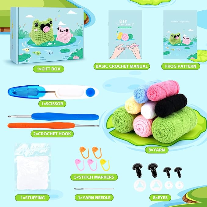 Crochet Kit for Beginners - Frog Family Crochet Kits with Step-by-Step Video Tutorials, Beginner Crochet Kit for Adults and Kids, 2 PCS Frogs and 3 PCS Tadpoles Crocheting Set