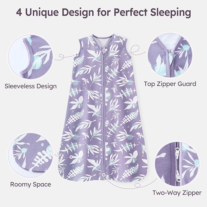 Baby Sleep Sack 12-18 Months 3 Pack 100% Cotton Lightweight 0.5 TOG Wearable Blanket Baby Sleep Bag with 2-Way Zipper for Newborn Infant Purple Leaf