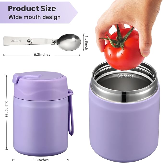 17oz Soup Thermo for Hot Food Kids,Insulated Food Jar with Spoon,Thermo Hot Food Lunch Container,Wide Mouth Leakproof Stainless Steel Lunch Box for School-Purple