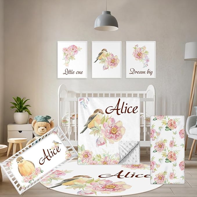 Custom Baby Bedding Set - 5 Pcs Customized Nursery Bedding Set with Name - Comfortable Double Layer Crib Sets for Girls Boys - Personalized Gifts for Infants Toddlers New Parents - Floral Bird