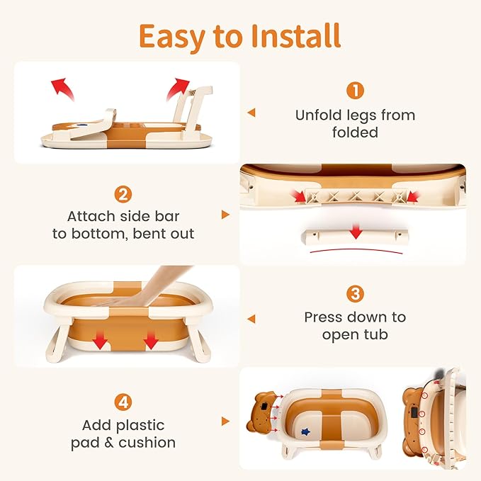 Collapsible Baby Bathtub with Soft Towel and Floating Cushion, Infant Bathtub for Newborn to Toddler (0-18 Month), Portable Baby Bath Tub for Travel (Brown Bear)