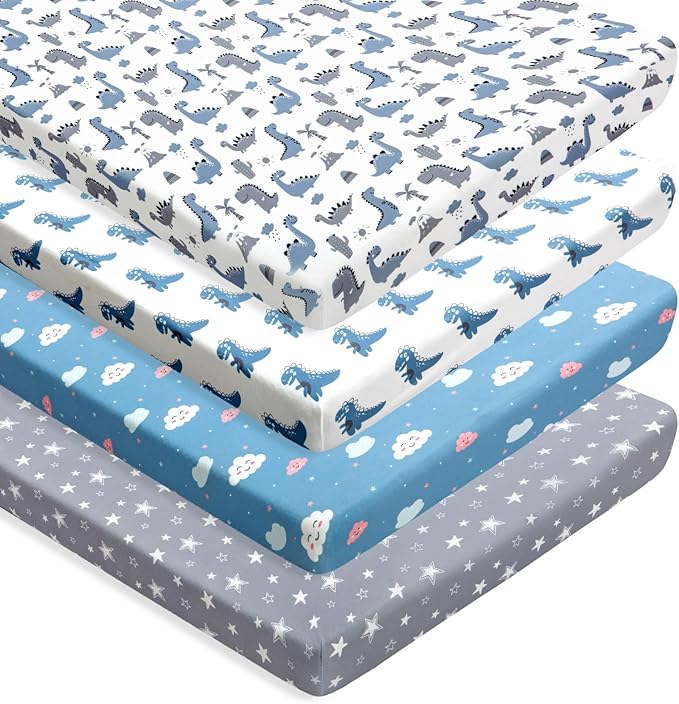 4 Pack Soft Baby Boy Sheets Dinosaur Star Cloud Soft Polyester Neutral Unisex Fitted Sheets Set for Baby Boys