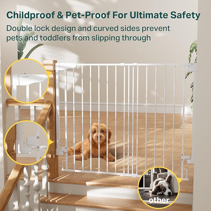 Cumbor 34" Extra Tall No Bottom Bar Baby Gate for Stairs, Auto Close Dog Gate Indoor for Larger Pets, 29.2-43" Hardware Mounted Safety Gate for Doorways, Wide Walk Thru Door for Easy Access (White)