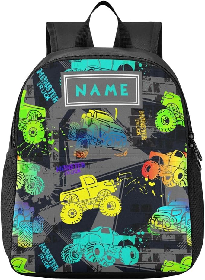 Colorful Monster Truck Toddler Backpack Waterproof Mini Backpack with Name/Text Preschool Backpack Cute Small Backpack Kindergarten Pre School Bags 13 Inch