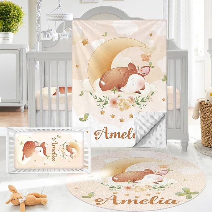 Personalized Baby Crib Bedding Set - Custom Name Fox Pattern 3 Pcs Set - Soft Blanket with Double Layer Dotted Backing, Fitted Sheet, Room Rug for Newborns Boys Girls Shower Gift