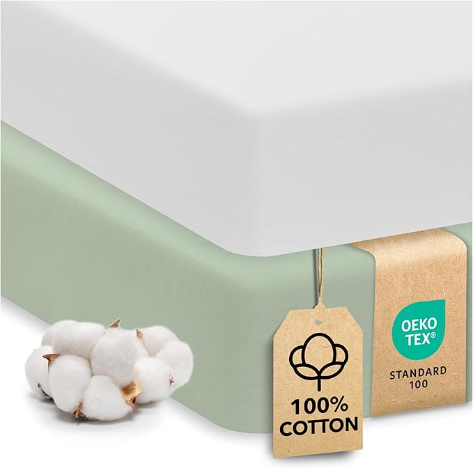 Sweety Fox 2-Pack Cotton Jersey Crib Sheets – Soft Fitted Sheets for Boys and Girls, Mini Crib Sheets, Toddler Bed Sheets (White/Sage)