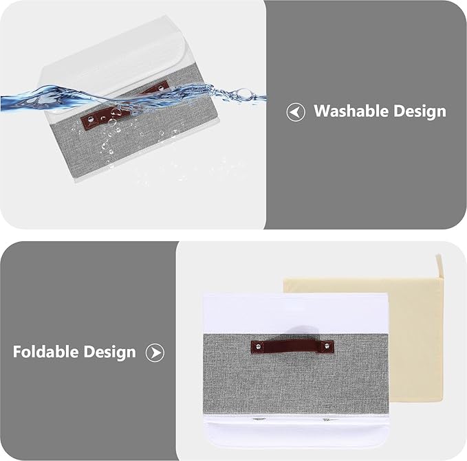 ANMINY 4PCS Storage Boxes with Lid Washable Decorative Storage Bins Basket with PU Leather Handle Foldable Linen Fabric Storage Cubes Containers for Home Closet Organizer - Gray White, Small Size