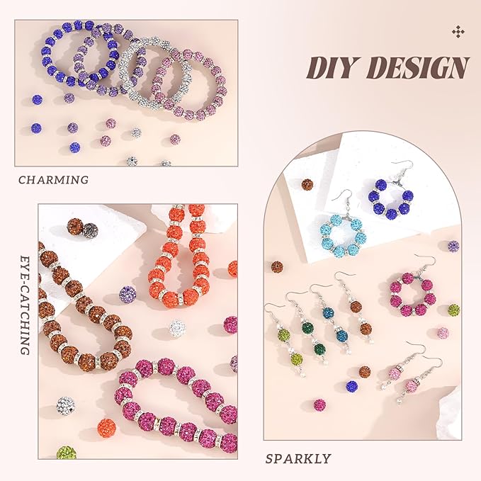 105pcs 10mm Rhinestone Beads for Jewelry Making, Black Shiny Round Disco Ball Beads Bulk, Sparkle Crystal Clay Christmas for Bracelet Baseball Necklace Earring Crafting and DIY