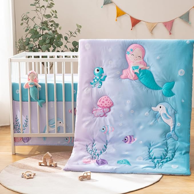 4 Piece Crib Bedding Set for Boys Girls, Infant Toddler Nursery Baby Bedding Sets Includes Cartoon Quilt, Fitted Crib Sheet, Crib Skirt and Plush Mermaid Toy