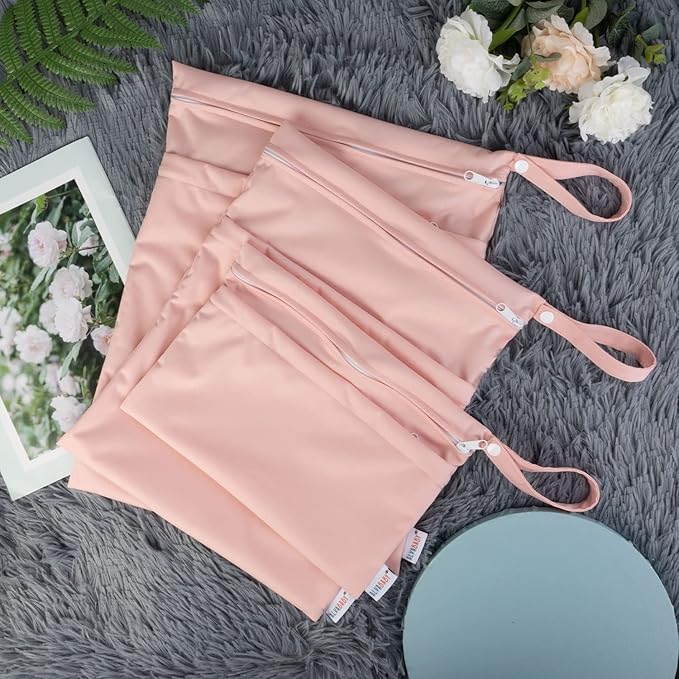 ALVABABY 3pcs Baby Cloth Diaper Wet/Dry Bags|Waterproof Reusable with Two Pockets|Travel, Beach, Pool, Daycare, Soiled Baby Items,Yoga，Gym Bag for Swimsuits or Wet Clothes (3 pcs in SML, Pink) 3L-B19