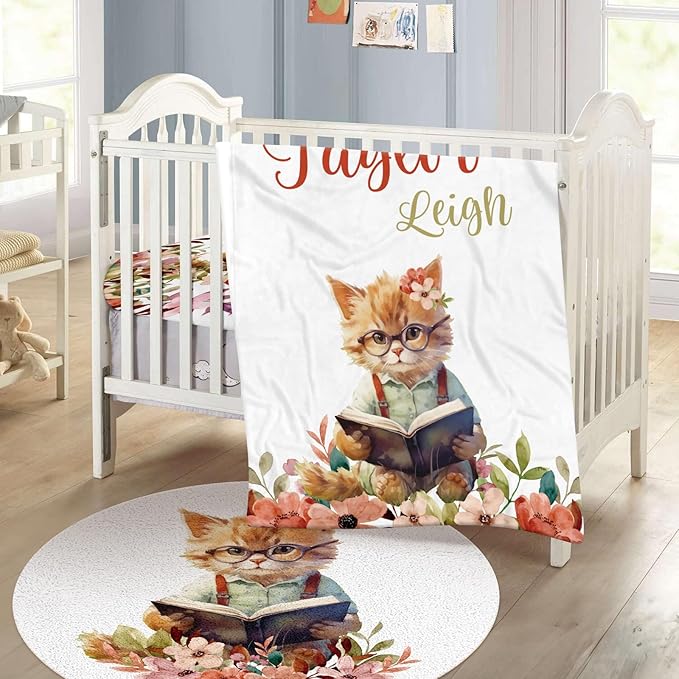 Personalized Baby Crib Bedding Set - Custom Name Cat Theme 3 Pcs Set - Soft Blanket with Double Layer Dotted Backing, Fitted Sheet, Room Rug for Newborns Boys Girls Shower Gift