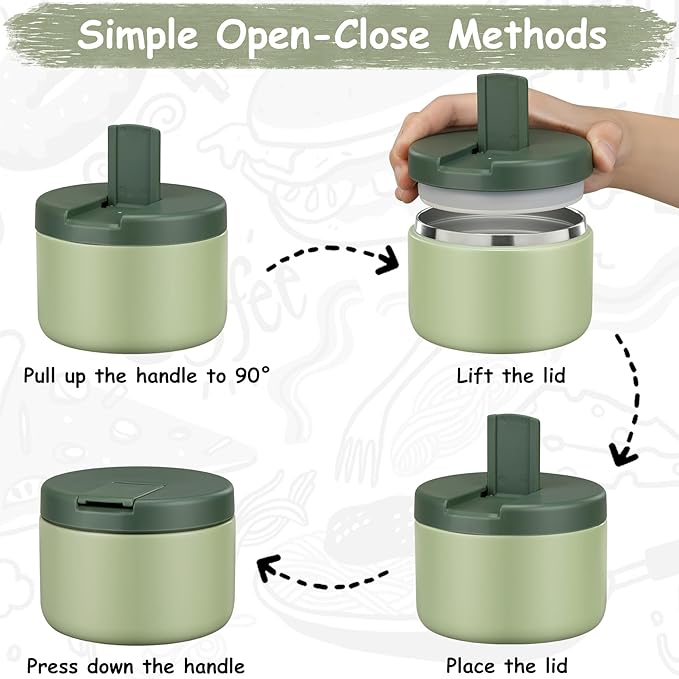 12oz Insulated Vacuum Food Jar with Buckle Lid Wide Mouth Soup Thermo for Hot Food Kids Leakproof Stainless Steel Lunch Container- Green- 1Pack