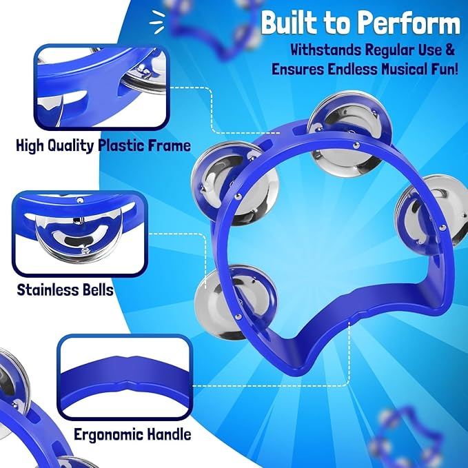 Flexzion Tambourine Hand Bell Percussion Musical Instruments (Blue, 2 Pack), Plastic Music Instrument Half Moon Mini D Handheld Shaker, Jingle Bells