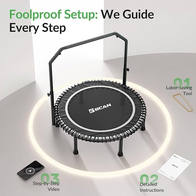 BCAN 40"/48" Mini Rebounder Trampoline for Adults with Bar, 450/550LBS Fitness Trampoline with Bungees, Adjustable Handle, Stable & Quiet, Indoor Outdoor, Whole-Body Workout & Relaxation at Home