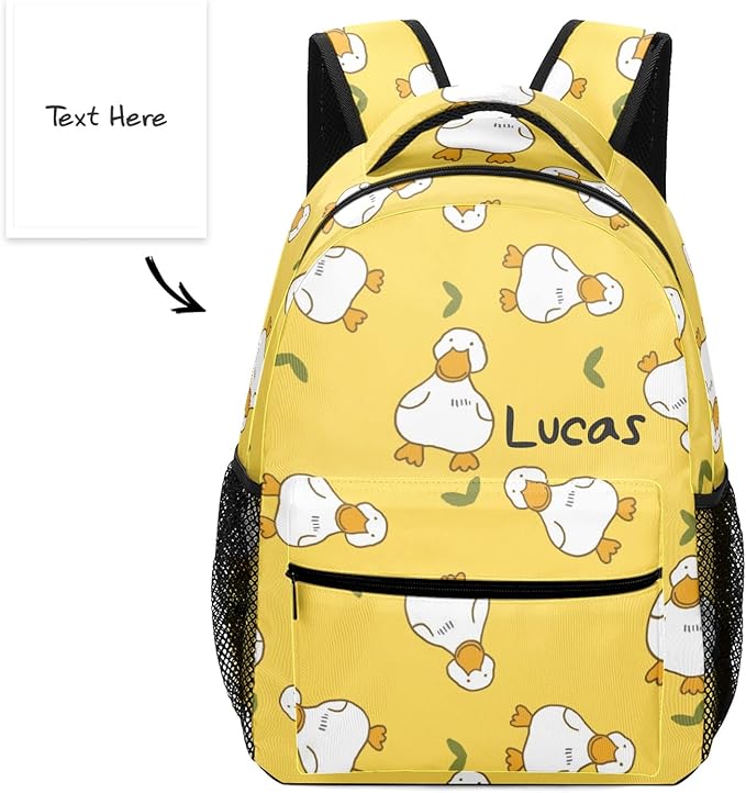 Cartoon Duck Yellow Custom Kids Backpack 16.5 Inch for Boy Girl, Personalized Waterproof Child School Travel Bag with Name, 16.5’’ X 12.2’’ X 5.9’’