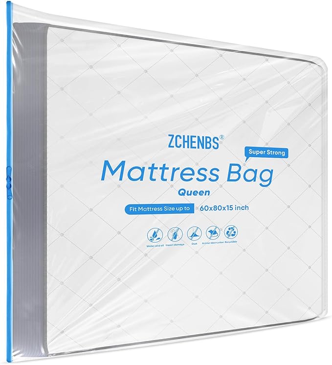 ZCHENBS® – Mattress Bags for Moving and Storage,Mattress Bag with Zippers,5 Mil Ultra-Thick Bed Bag,Waterproof,Anti-Tear,Heavy-Duty Mattress bag (Transaparent/Blue, Queen-(1 Pack))