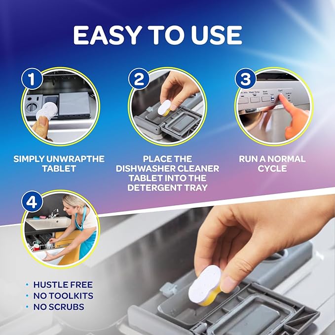 Dishwasher Cleaner and Deodorizer Tablets - Deep Clean Dishwasher Cleaner Tablets, Septic Safe, Natural Limescale Remover - Compatible with All Models (24 Pack)