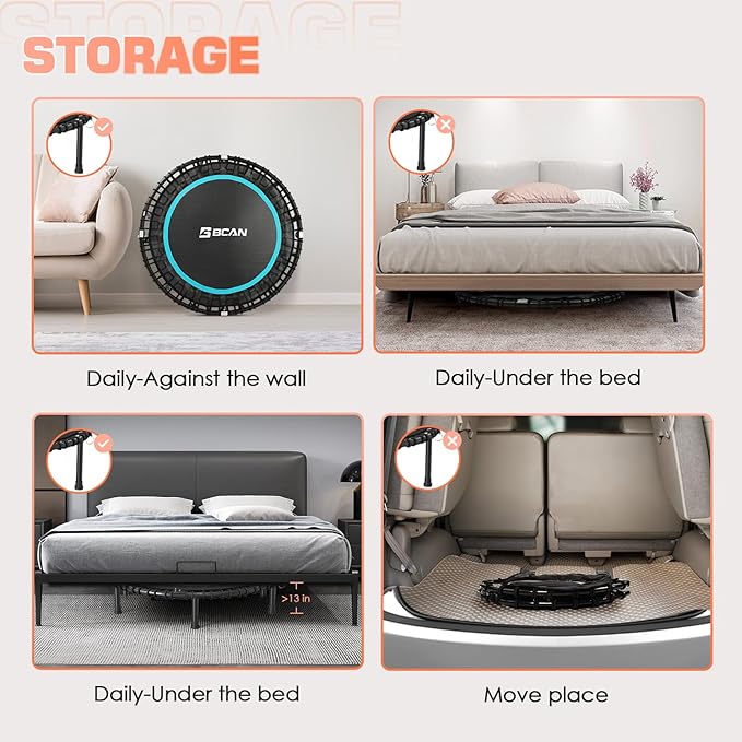 BCAN 40"/48" Mini Rebounder Trampoline for Adults with Bar, 450/550LBS Fitness Trampoline with Bungees, Adjustable Handle, Stable & Quiet, Indoor Outdoor, Whole-Body Workout & Relaxation at Home