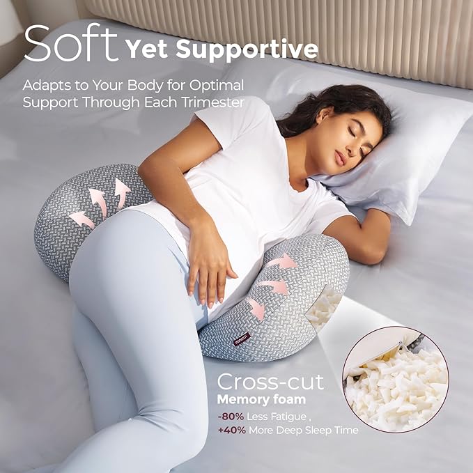 Momcozy Memory Foam Portable Pregnancy Pillow – W Shaped Maternity Great Support for Side Sleepers, Adjustable Travel Wedge Pillow for Back, Belly, and Hip Relief, Ideal for Pregnant Women, Grey
