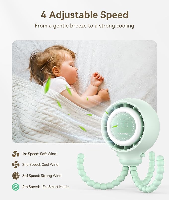 Dreamegg Portable Stroller Fan - 4000mAh Rechargeable Baby Stroller Fan With LED Display, Night Light, Hidden Blade, Detachable 4 Speed 360°Rotate, Handheld Cooling for Crib,Travel, Car Seat(Green)