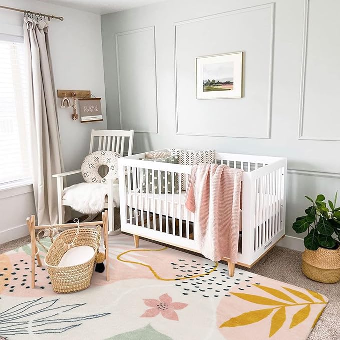 Lahome Pink Washable Living Room Area Rug - 3x5 Small Rugs for Bedroom Non-Slip Throw Soft Nursery Kids Room Low-Plie Boho Botanical Print Carpet for Kitchen Entryway Office Bath Laundry Dining Room