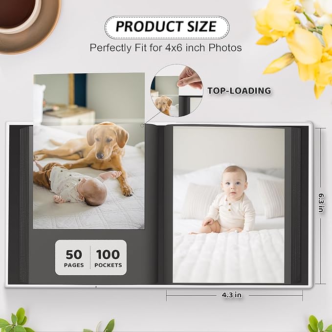 Popotop Photo Album 4x6 100 Pockets with Leather Hardcover Cover, Small Photo Album Holder Book with 50Pcs Pages for Family Travel Wedding Baby Gifts