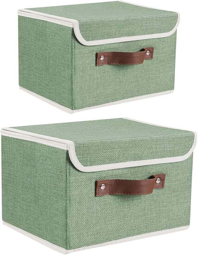 Lucky Monet Storage Bins Boxes with Lids 2 Pack Decorative Storage Boxes Collapsible Fabric Storage Basket Containers Lidded Storage Cube for Organizing Closet Home Office, 10"x 8"x 7" (Green)