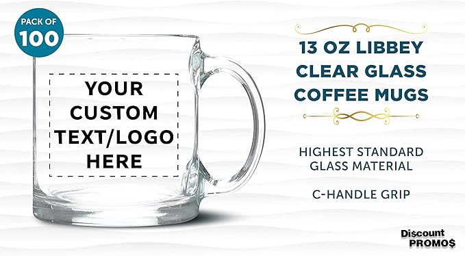 Custom Libbey Clear Glass Coffee Mugs 13 oz. Set of 100, Personalized Bulk Pack - Perfect for Coffee, Tea, Espresso, Hot Cocoa, Other Beverages - Clear Bottom