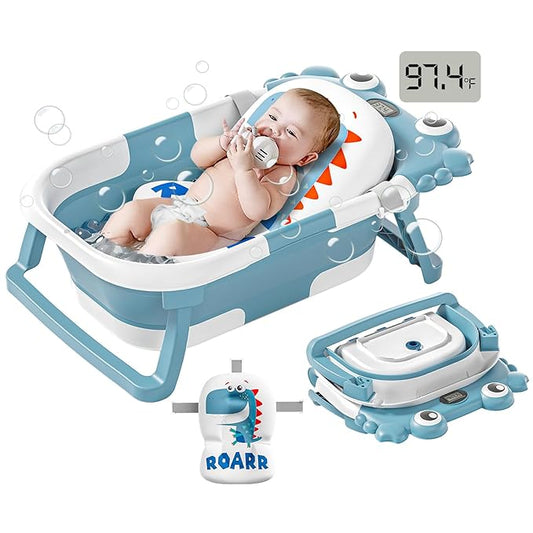 Collapsible Baby Bathtub for Newborns to Toddler with Real-time Temp Monitor & Floating Cushion,Portable Travel Tub for 0-36 Month, Foldable Baby Bath Tub for Infants Boy (Light Blue)