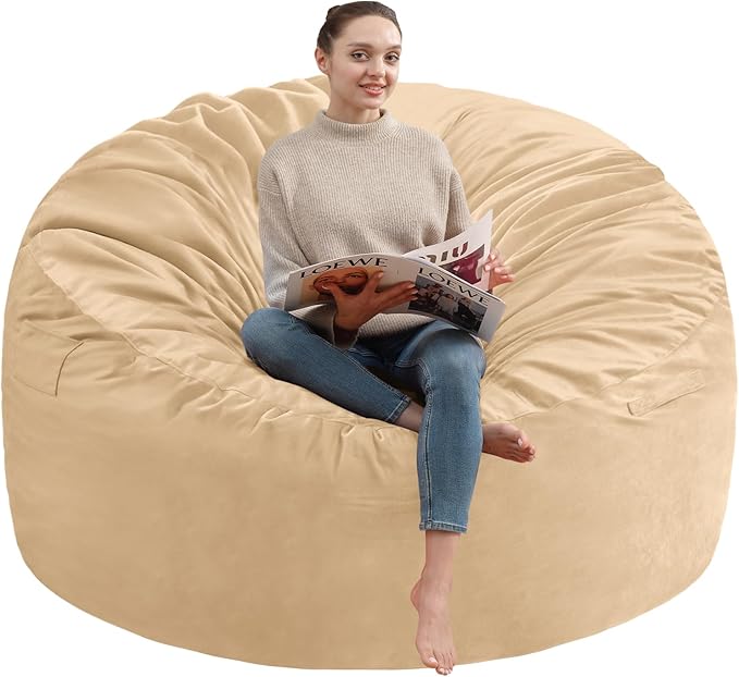 4FT Bean Bag Chair, Large Bean Bag Chairs with Memory Foam Filled, Fluffy Beanbag Sofa with Dutch Velvet Cover, Round BeanBag Chairs for Living Room, Playroom - Khaki