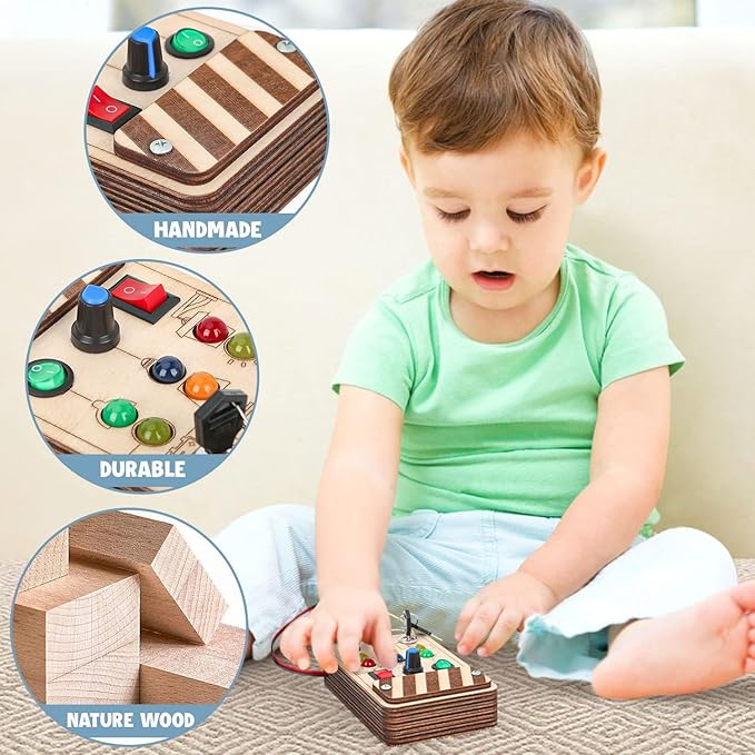 Joyreal Wooden Montessori Busy Board, Toddler Sensory Toys, LED Light Switch, Travel Toys for 2+ Year Old Boy