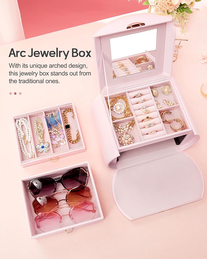 Homde Girls Jewelry Box Jewelry Storage Case Organizer with Mirror for Rings, Earrings, Bracelets, Necklaces (Light Pink + Gold)