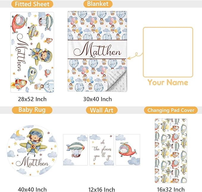 Personalized Crib Bedding Set, 5 Pcs Custom Name Nursery Bedding Set with Double Layer Flannel Blanket, Pilot Animals Baby Crib Set for Boys Girls, Customized Gifts for Toddlers Infants Babies