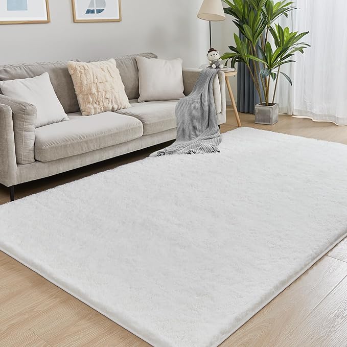 6x9 White Area Rugs for Living Room, Fluffy Shaggy Rug for Bedroom, Anti-Skid High Pile Indoor Carpet for Nursery, Kids Room, Bedside, Home Decor