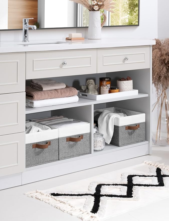 StorageWorks Storage Baskets for Shelves, Foldable Fabric Closet Storage Bins with Handles, Fabric Storage Bins Clothes Organizer, Gray and White, 3-Pack, Large