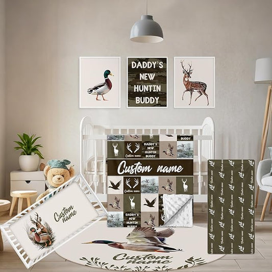 Personalized Crib Bedding Set, 5 Pcs Custom Name Nursery Bedding Set with Double Layer Blanket, Green Woodland Deer Baby Crib Set for Boys Girls, Customized Gifts for Toddlers Infants Babies