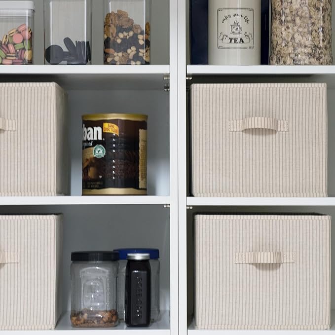 StorageWorks Storage Baskets for Shelves, Foldable Fabric Closet Storage Bins with Handles, Fabric Storage Bins Clothes Organizer, Beige Stripes, 3-Pack, Extra Large