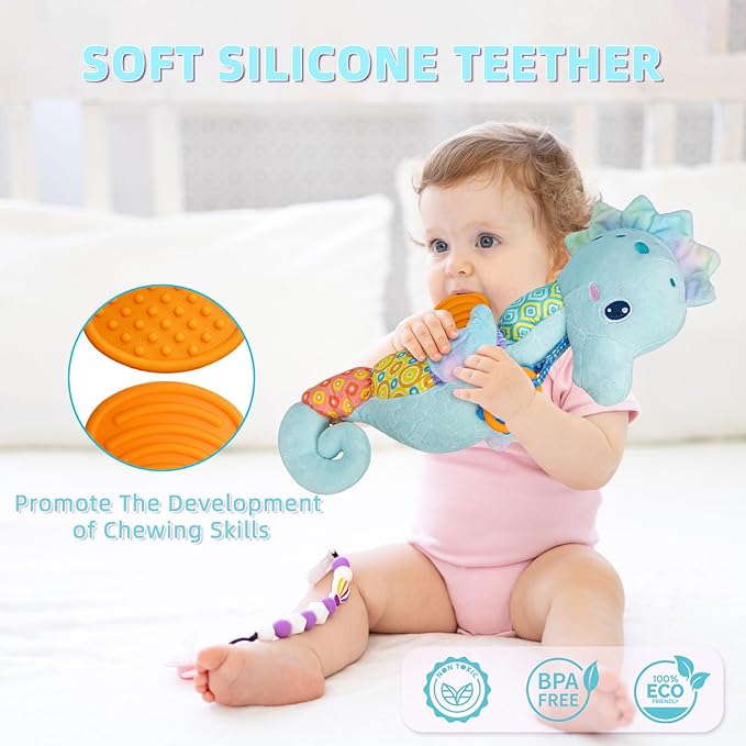 Baby Toys 0-6 Months,Infant Musical Seahorse Stuffed Animals Sensory Toys with Bright Colors,Multiple Textures,Rattles & Crinkle Sound Paper,Soft Tummy Time Toy for Newborn Boys Girls 0-12 Months-Blue