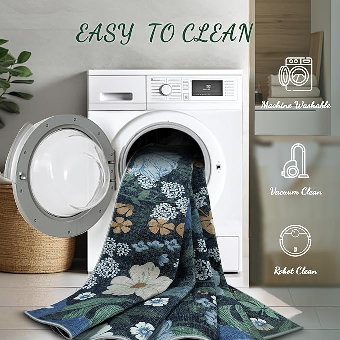 9x12 Area Rug for Living Room: Vintage Floral Washable Rug Soft Boho Non Slip Carpet Large Indoor Floor Non Shedding Low Pile Thin Carpets for Bedroom Dining Room Farmhouse Nursery Home Office Blue