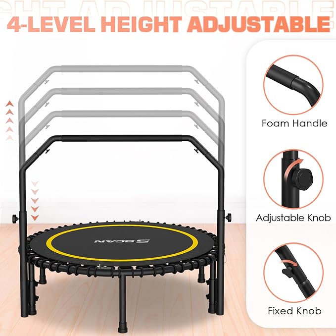 BCAN 40"/48" Mini Rebounder Trampoline for Adults with Bar, 450/550LBS Fitness Trampoline with Bungees, Adjustable Handle, Stable & Quiet, Indoor Outdoor, Whole-Body Workout & Relaxation at Home