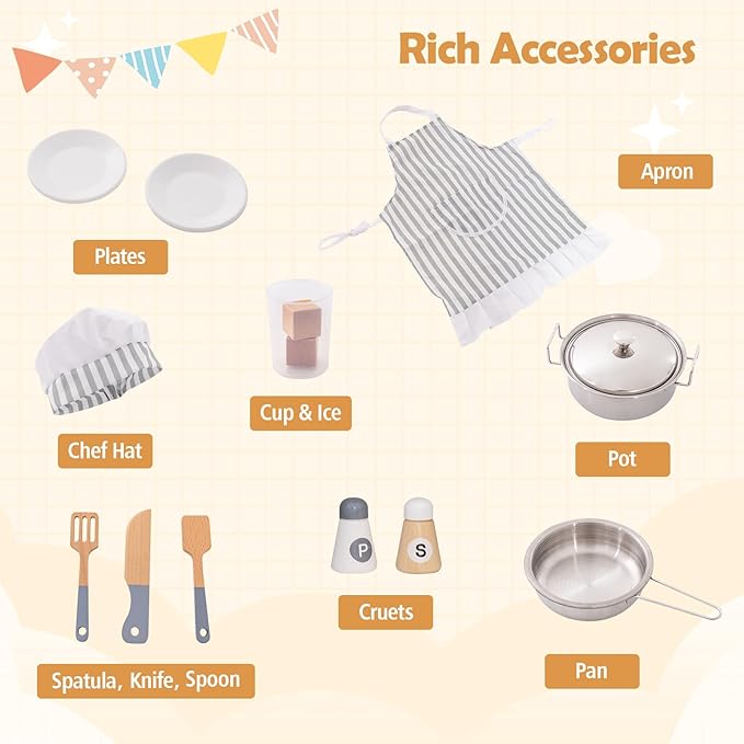 Costzon Corner Kids Kitchen Playset, Wooden Play Kitchen with Sounds & Lights, Washing Machine, Ice Maker, Microwave, Oven, Sink & Faucet, Pretend Toy Kitchen Set for Toddler, Gift for Boys Girls