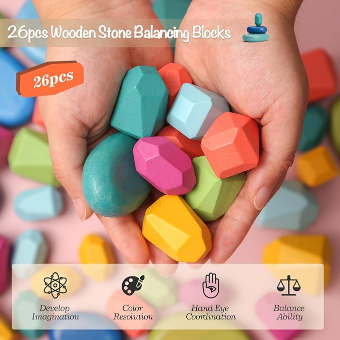 OESSUF Stacking Rocks 26Pcs Stacking Blocks Balancing Stones Wooden Building Toys Wood Stone Stacking Game for Toddler Sorting Preschool Educational Montessori Stacking Rocks for Kids