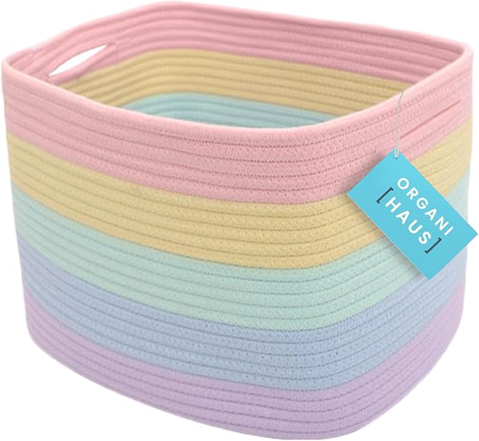 OrganiHaus Rope Rainbow Storage Baskets for Shelves | Rainbow Baskets for Pastel Classroom Decor | Baby Basket for Pastel Room Decor | Pastel Rainbow Storage Bins Colorful Baskets for Baby Room